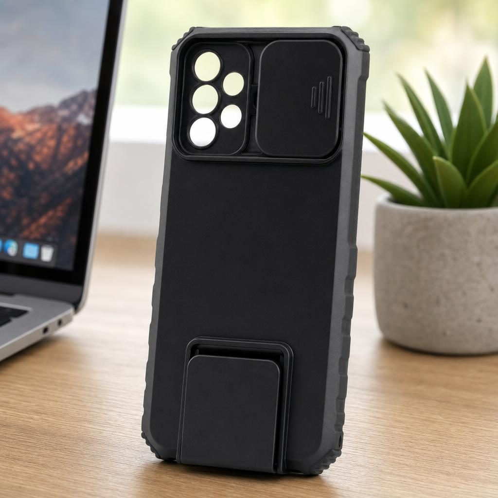 Husa Defender cu Stand pentru Samsung Galaxy A72 4G/ 5G, Negru, Suport reglabil, Antisoc, Protectie glisanta pentru camera, Flippy