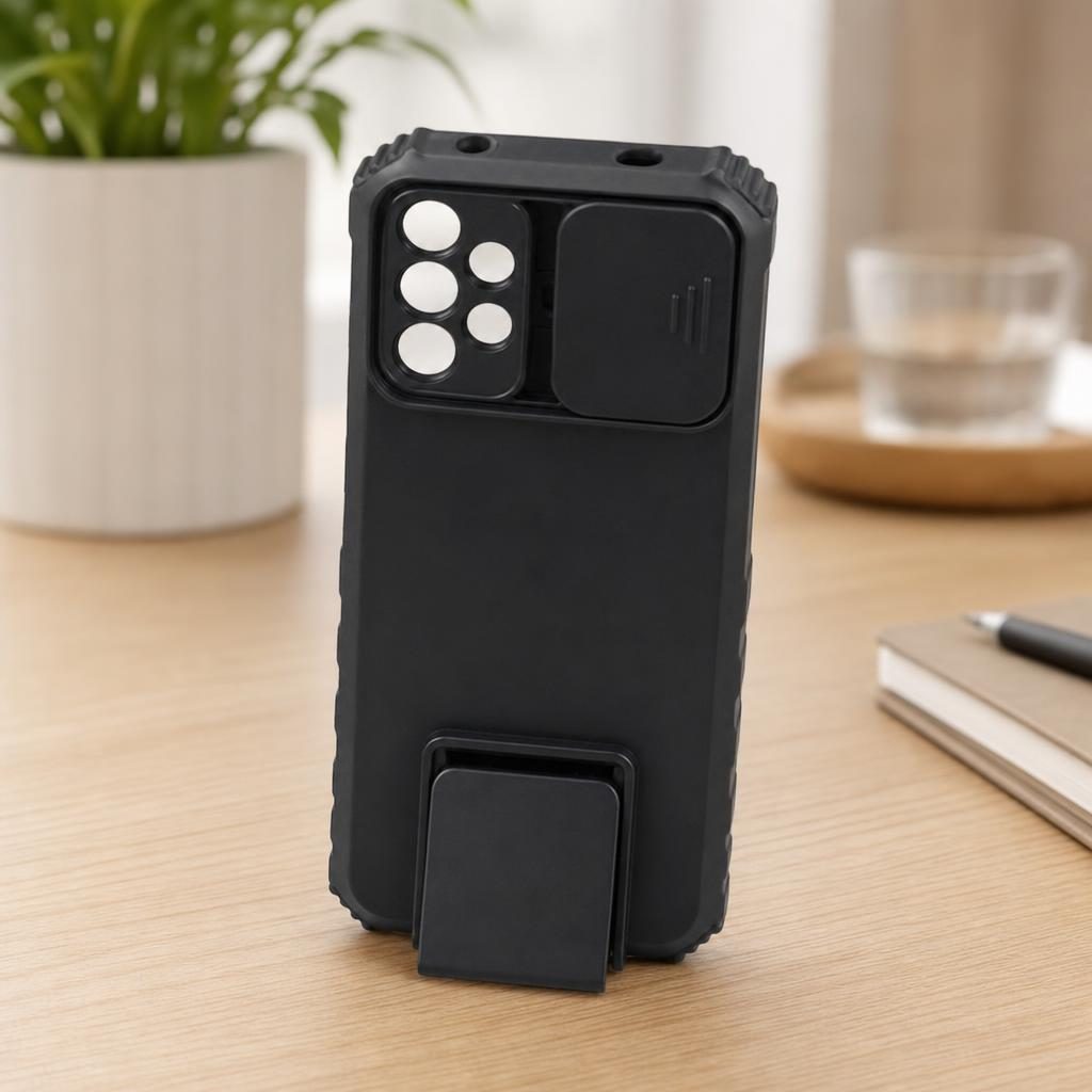 Husa Defender cu Stand pentru Samsung Galaxy A72 4G/ 5G, Negru, Suport reglabil, Antisoc, Protectie glisanta pentru camera, Flippy