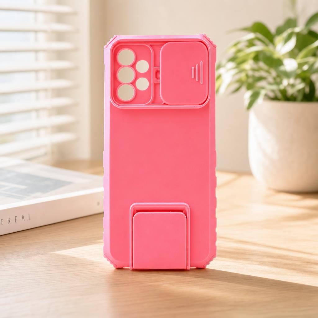 Husa Defender cu Stand pentru Samsung Galaxy A72 4G/ 5G, Roz, Suport reglabil, Antisoc, Protectie glisanta pentru camera, Flippy