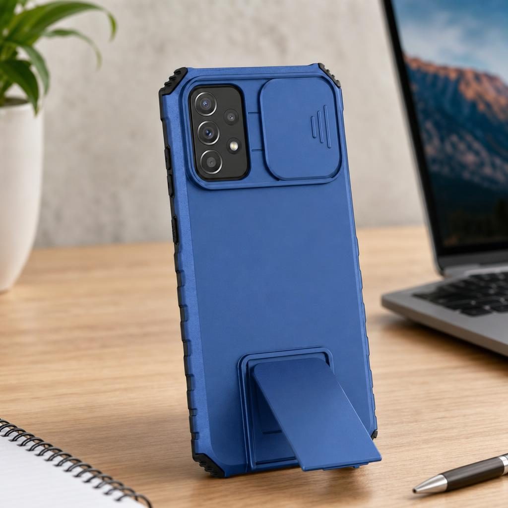 Husa Defender cu Stand pentru Samsung Galaxy A72 4G/ 5G, Albastru, Suport reglabil, Antisoc, Protectie glisanta pentru camera, Flippy