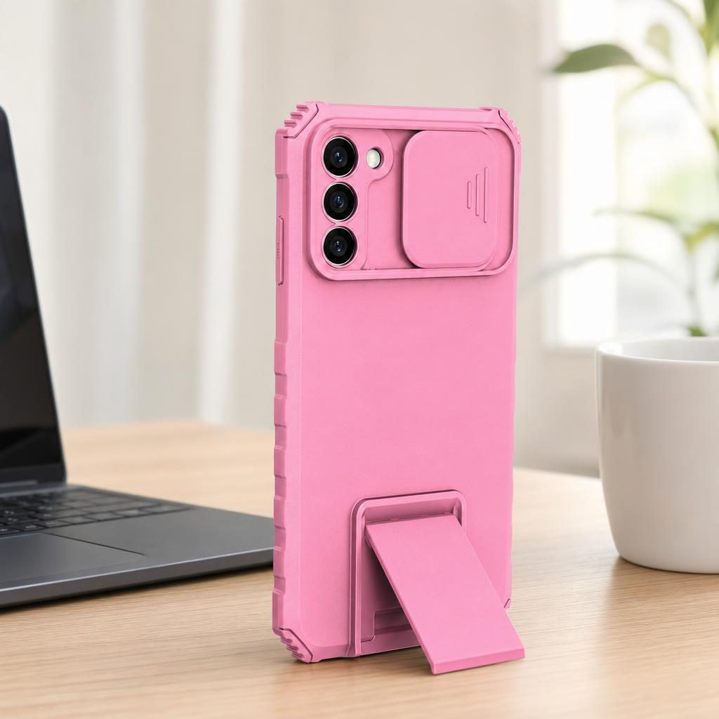 Husa Defender cu Stand pentru Samsung Galaxy S21 FE, Roz, Suport reglabil, Antisoc, Protectie glisanta pentru camera, Flippy