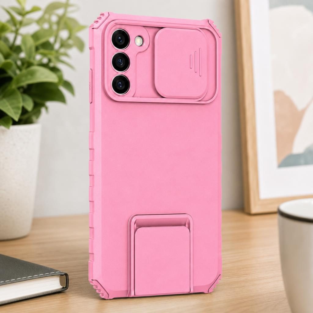 Husa Defender cu Stand pentru Samsung Galaxy S21 FE, Roz, Suport reglabil, Antisoc, Protectie glisanta pentru camera, Flippy
