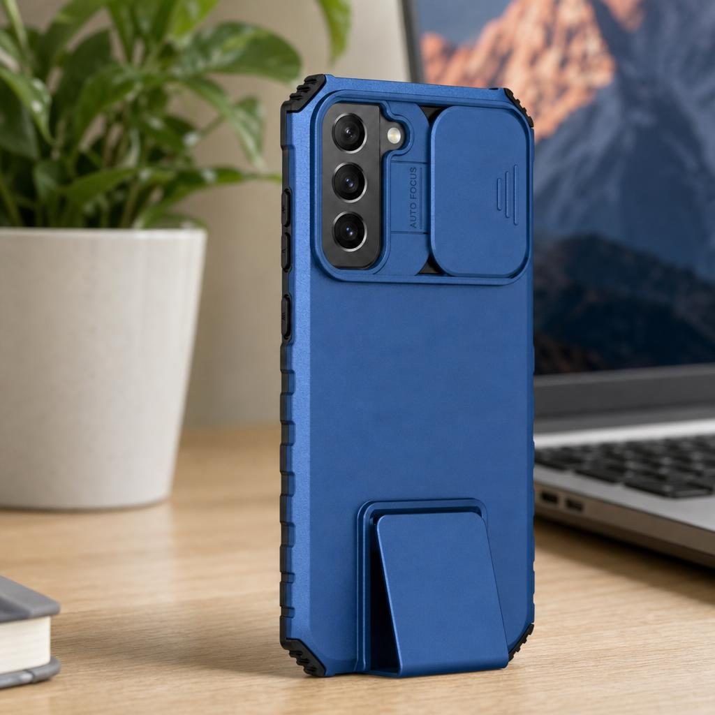 Husa Defender cu Stand pentru Samsung Galaxy S21 FE, Albastru, Suport reglabil, Antisoc, Protectie glisanta pentru camera, Flippy