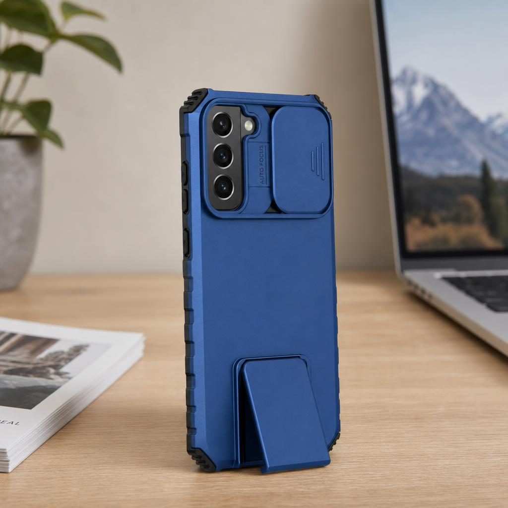 Husa Defender cu Stand pentru Samsung Galaxy S21 FE, Albastru, Suport reglabil, Antisoc, Protectie glisanta pentru camera, Flippy