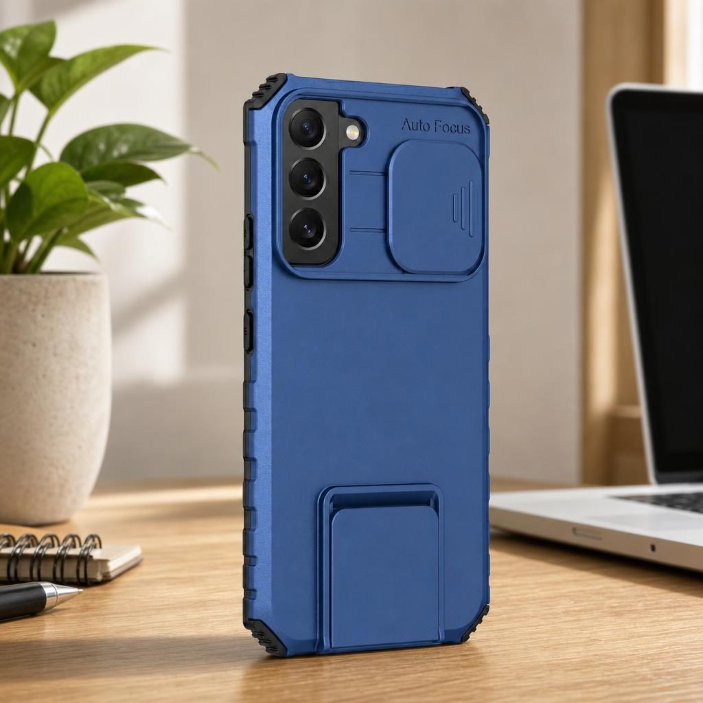 Husa Defender cu Stand pentru Samsung Galaxy S22, Albastru, Suport reglabil, Antisoc, Protectie glisanta pentru camera, Flippy