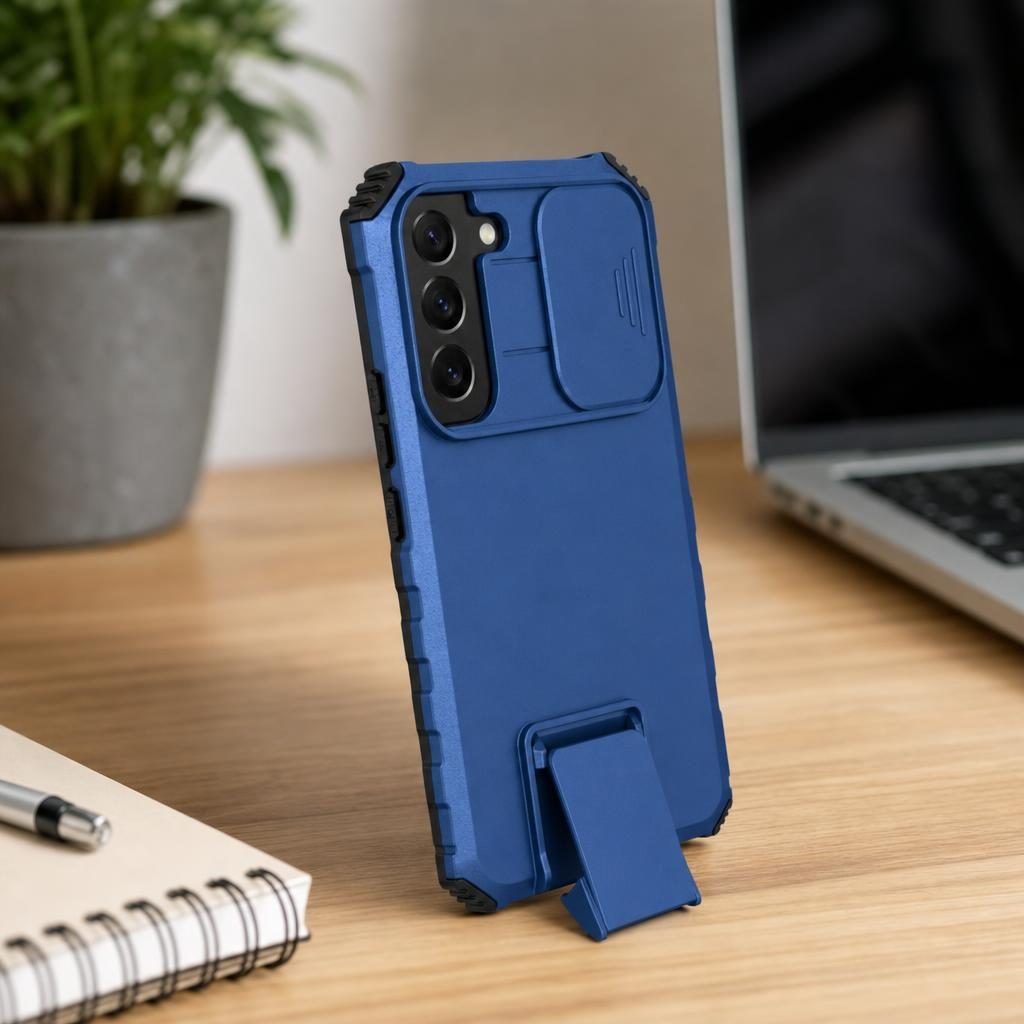 Husa Defender cu Stand pentru Samsung Galaxy S22 Plus, Albastru, Suport reglabil, Antisoc, Protectie glisanta pentru camera, Flippy