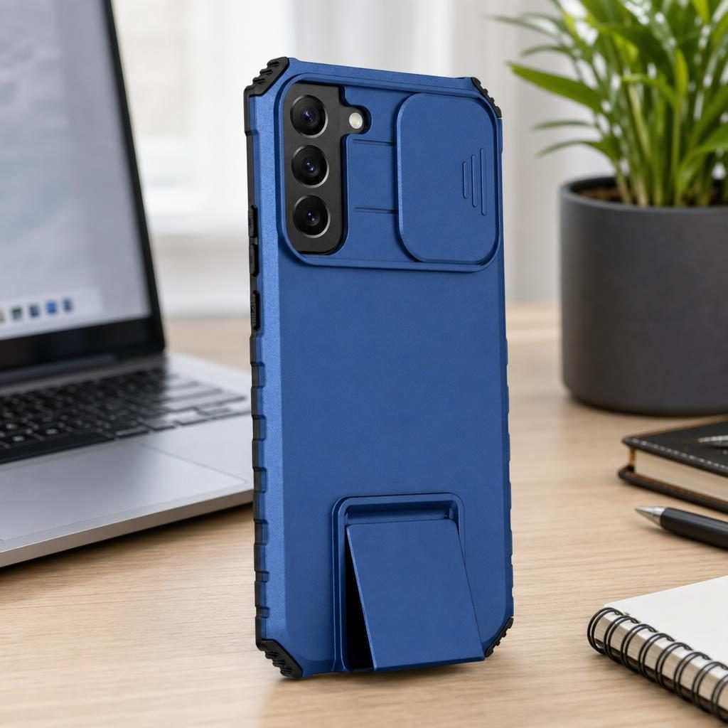 Husa Defender cu Stand pentru Samsung Galaxy S22 Plus, Albastru, Suport reglabil, Antisoc, Protectie glisanta pentru camera, Flippy