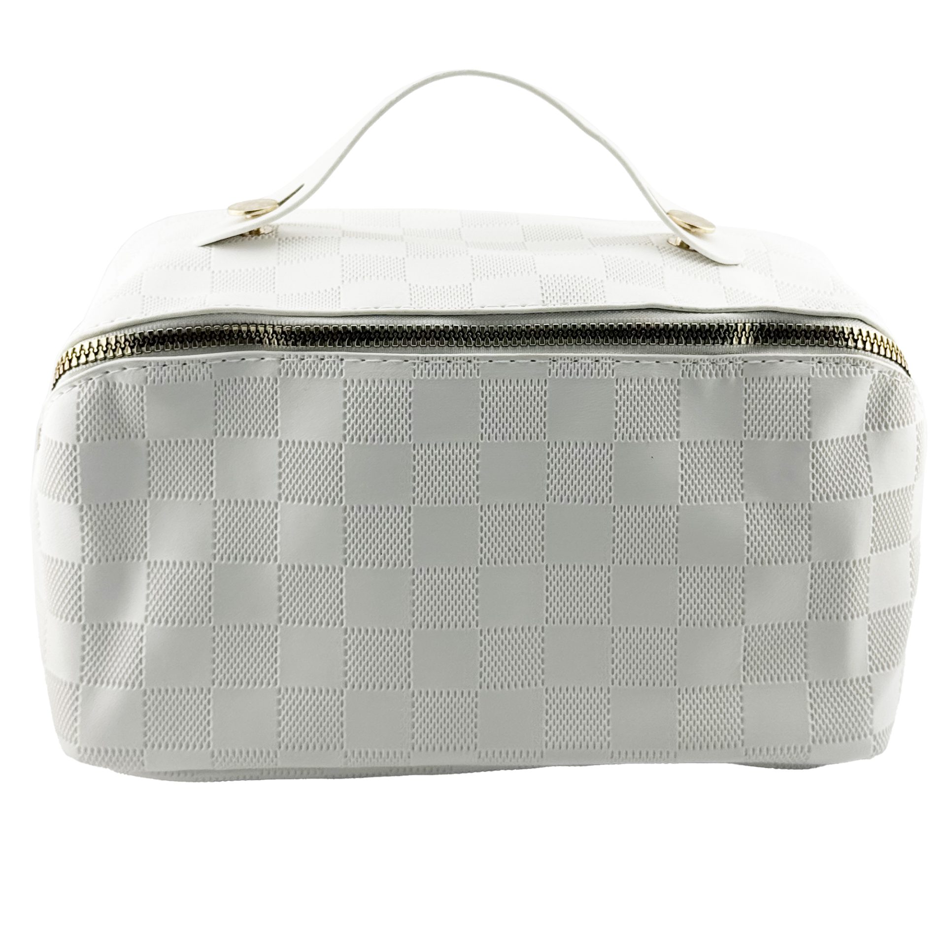 Geanta de Calatorie , Pentru Cosmetice, Portabila, Impermeabila, din Piele Ecologica, Compartimente Multiple, cu Fermoar, 22 x 13 x 12.5 cm, In Carouri, Alb 1