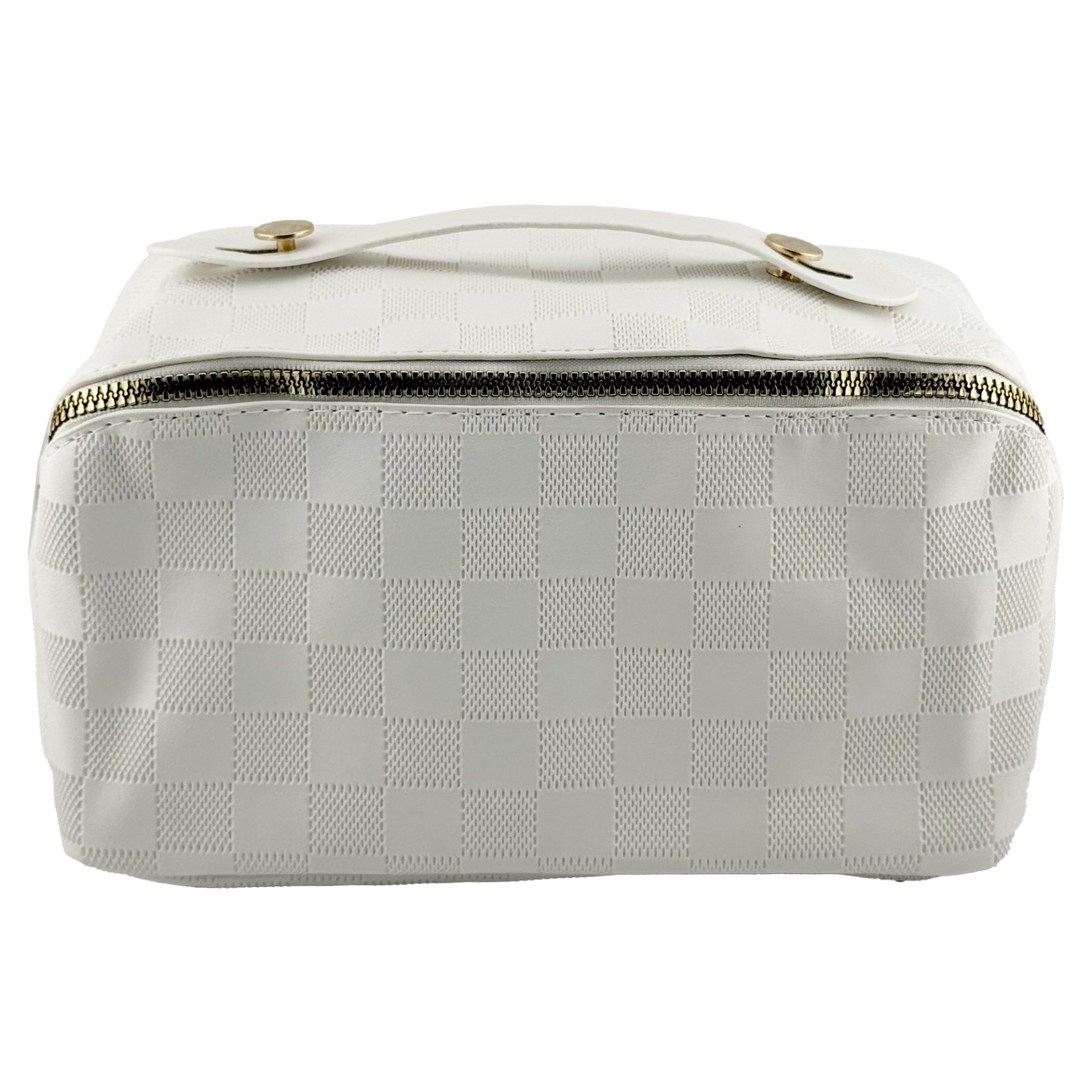 Geanta de Calatorie , Pentru Cosmetice, Portabila, Impermeabila, din Piele Ecologica, Compartimente Multiple, cu Fermoar, 22 x 13 x 12.5 cm, In Carouri, Alb 3