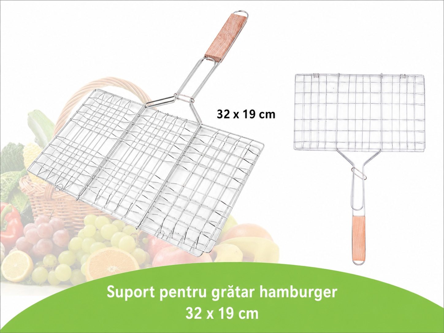 Suport pentru hamburgeri la gratar, Flippy, pentru 6 burgeri, cu maner plat, din metal, pentru BBQ, 32x19 cm
