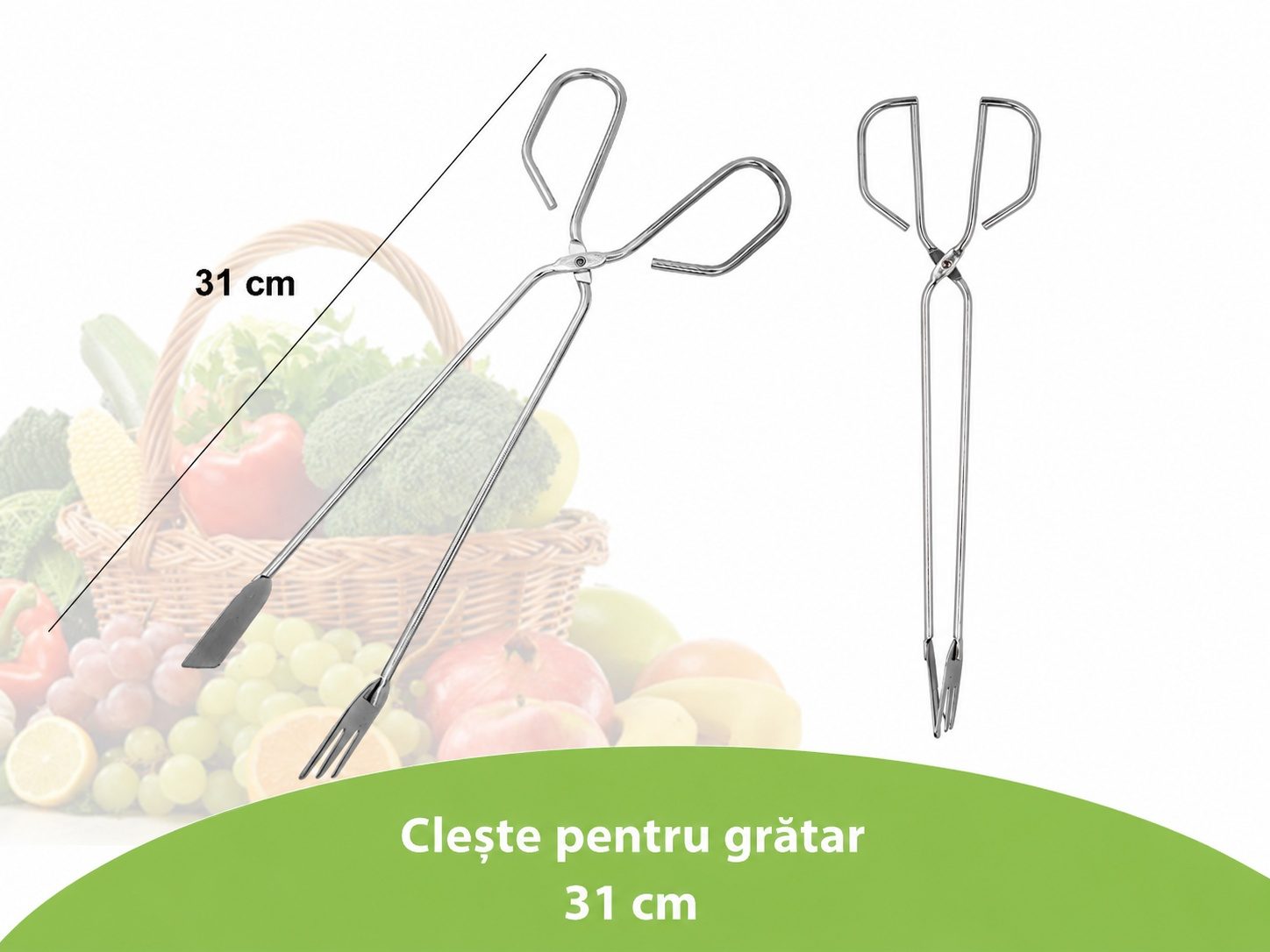 Cleste pentru gratar, Flippy, tip foarfeca, din metal, prindere sigura, 31 cm