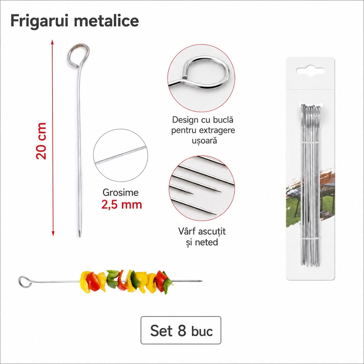 Tepuse pentru frigarui, Flippy, din metal, Set 8 bucati, pentru gratar si BBQ, 20 cm