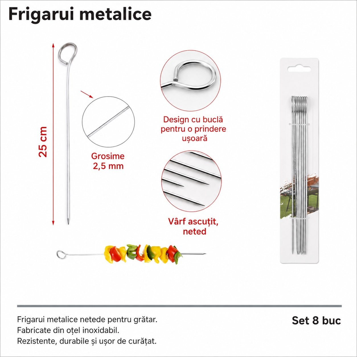 Set 8 Tepuse pentru Frigarui, , Din Metal, Pentru Gratar si BBQ, 25 cm 4