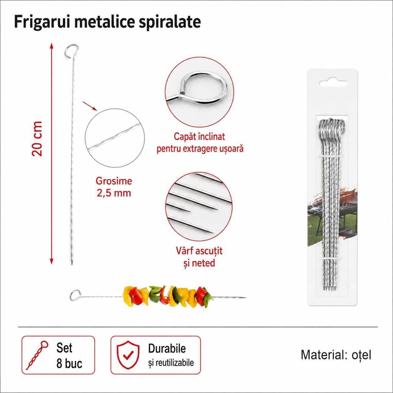Tepuse pentru frigarui, Flippy, rasucite, din metal, Set 8 bucati, pentru gratar si BBQ, 20 cm