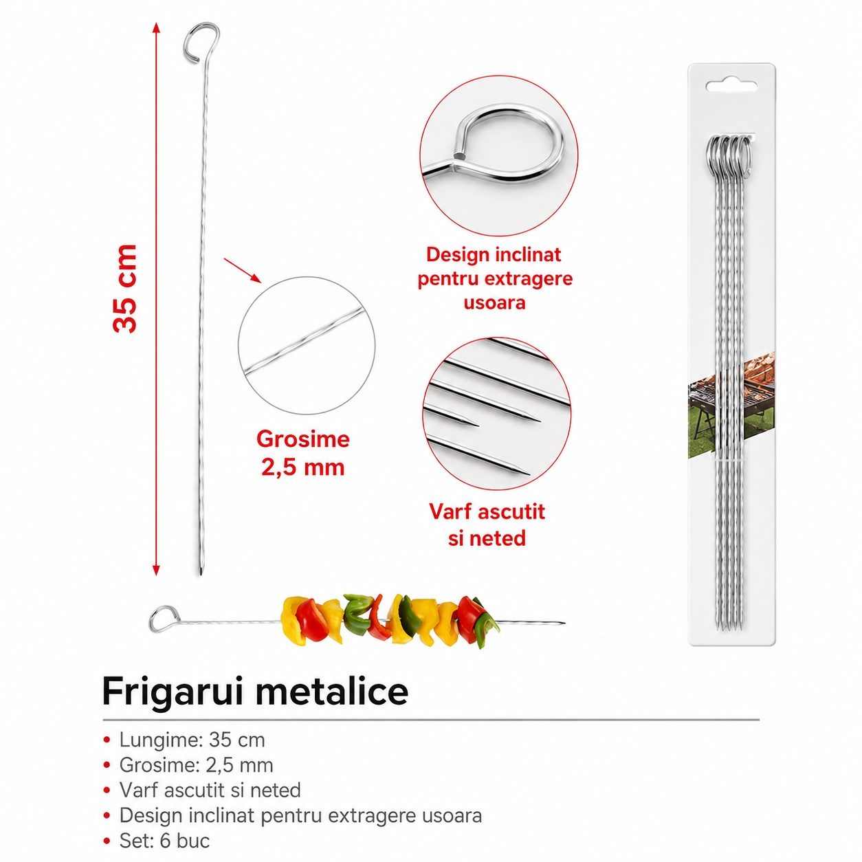 Tepuse pentru frigarui, Flippy, rasucite, din metal, Set 6 bucati, pentru gratar si BBQ, 35 cm