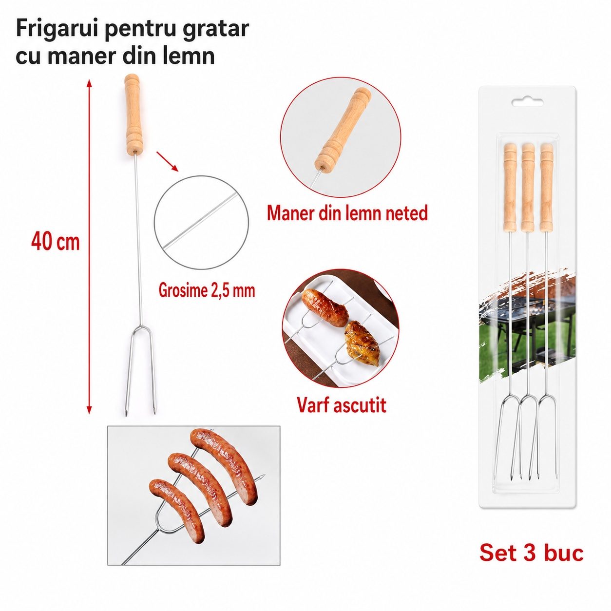 Set 3 Tepuse pentru Frigarui, , pentru Hot Dog, cu Maner din Lemn, pentru Gratar si BBQ, 40 cm, Argintiu 2