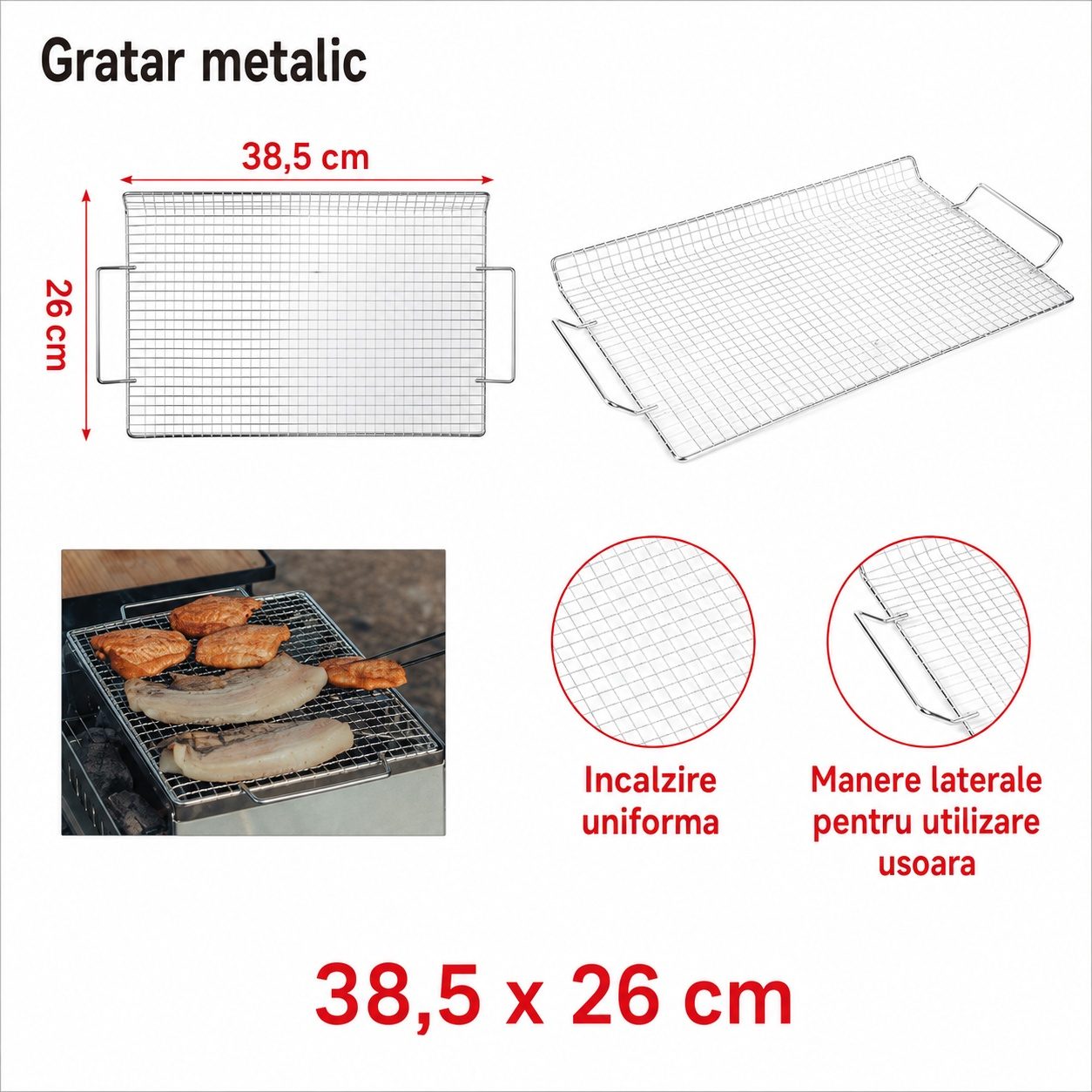 Gratar metalic BBQ, , din metal, pentru gatit in aer liber, 26x38.5 cm, Argintiu 2