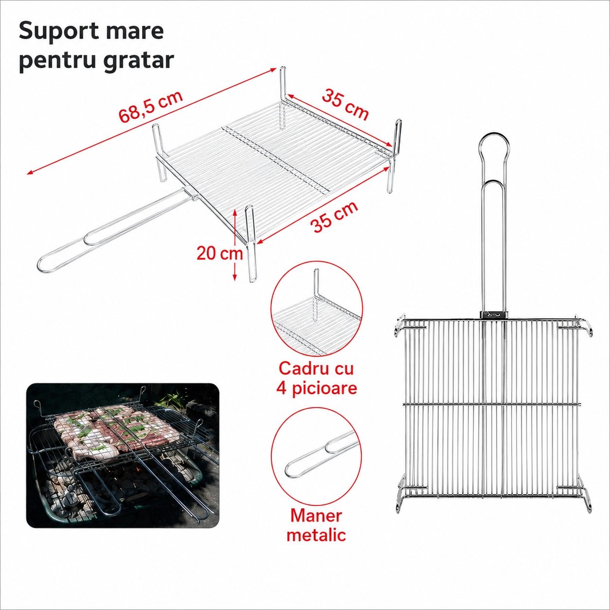 Gratar metalic BBQ, Flippy, din metal, pentru gatit in aer liber, Argintiu