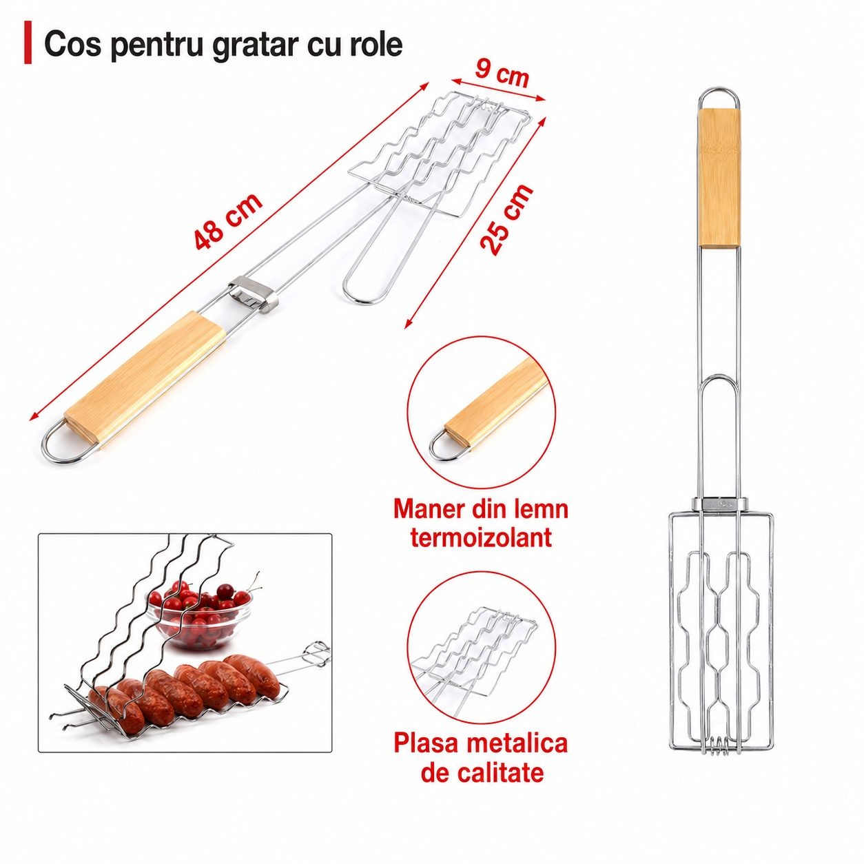 Grilaj pentru hot dog, Flippy, cu maner, din metal, pentru gratar si BBQ, 9x48 cm, Argintiu