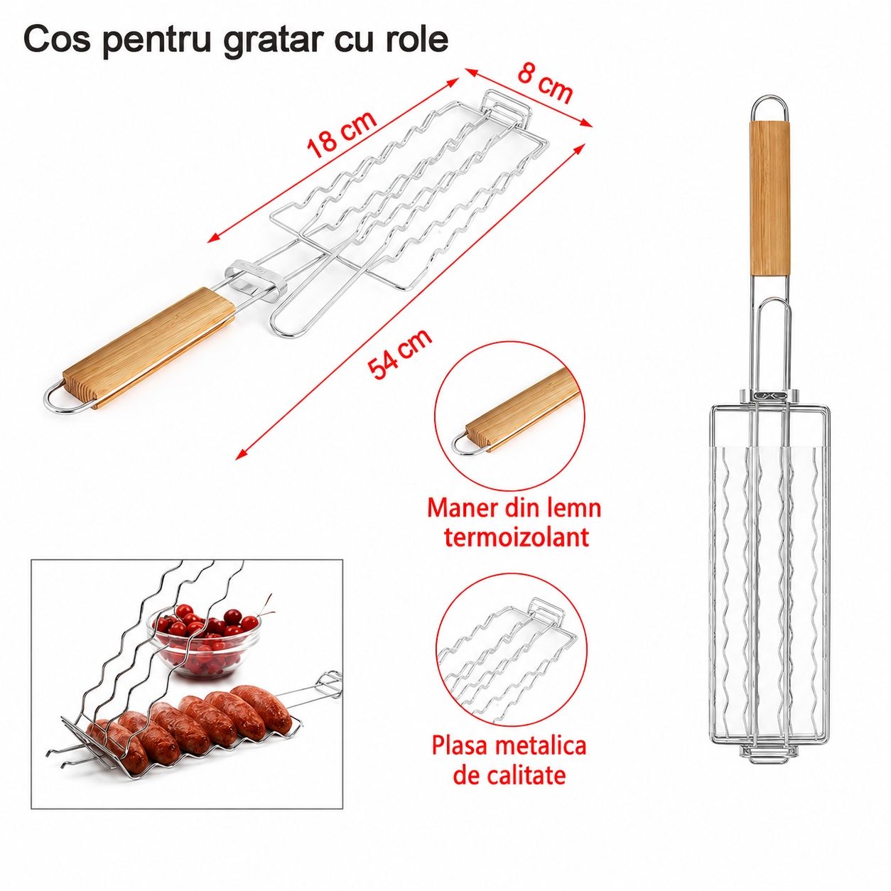 Grilaj pentru hot dog, Flippy, cu maner, din metal, pentru gratar si BBQ, 8x54 cm, Argintiu