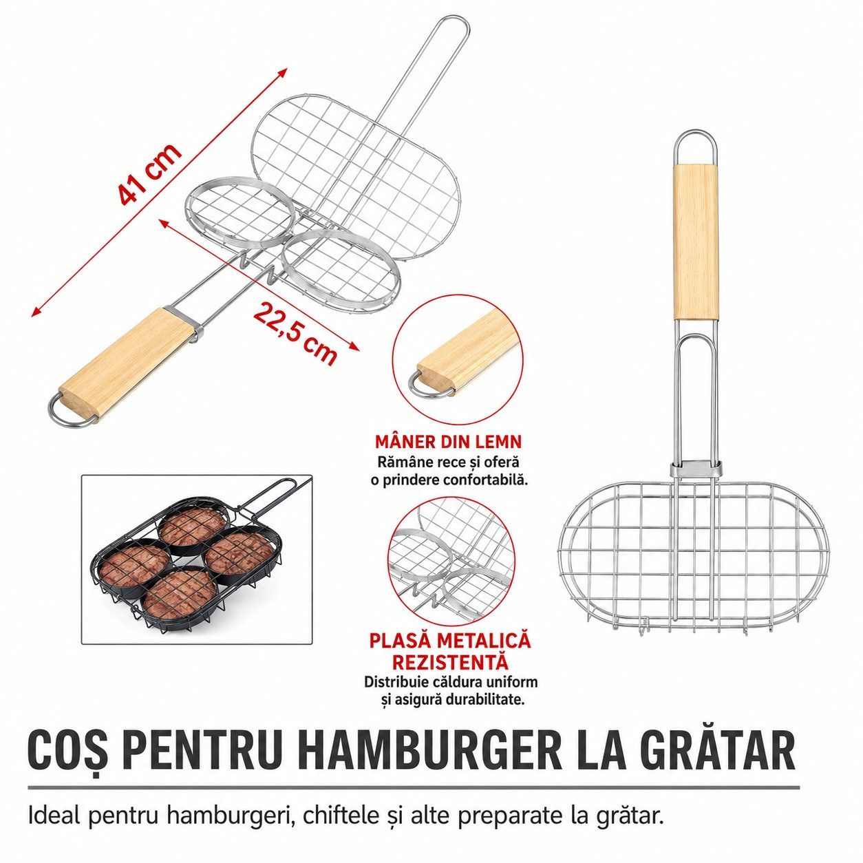 Suport pentru hamburgeri la gratar, Flippy, din metal, pentru BBQ, 41x22.5 cm