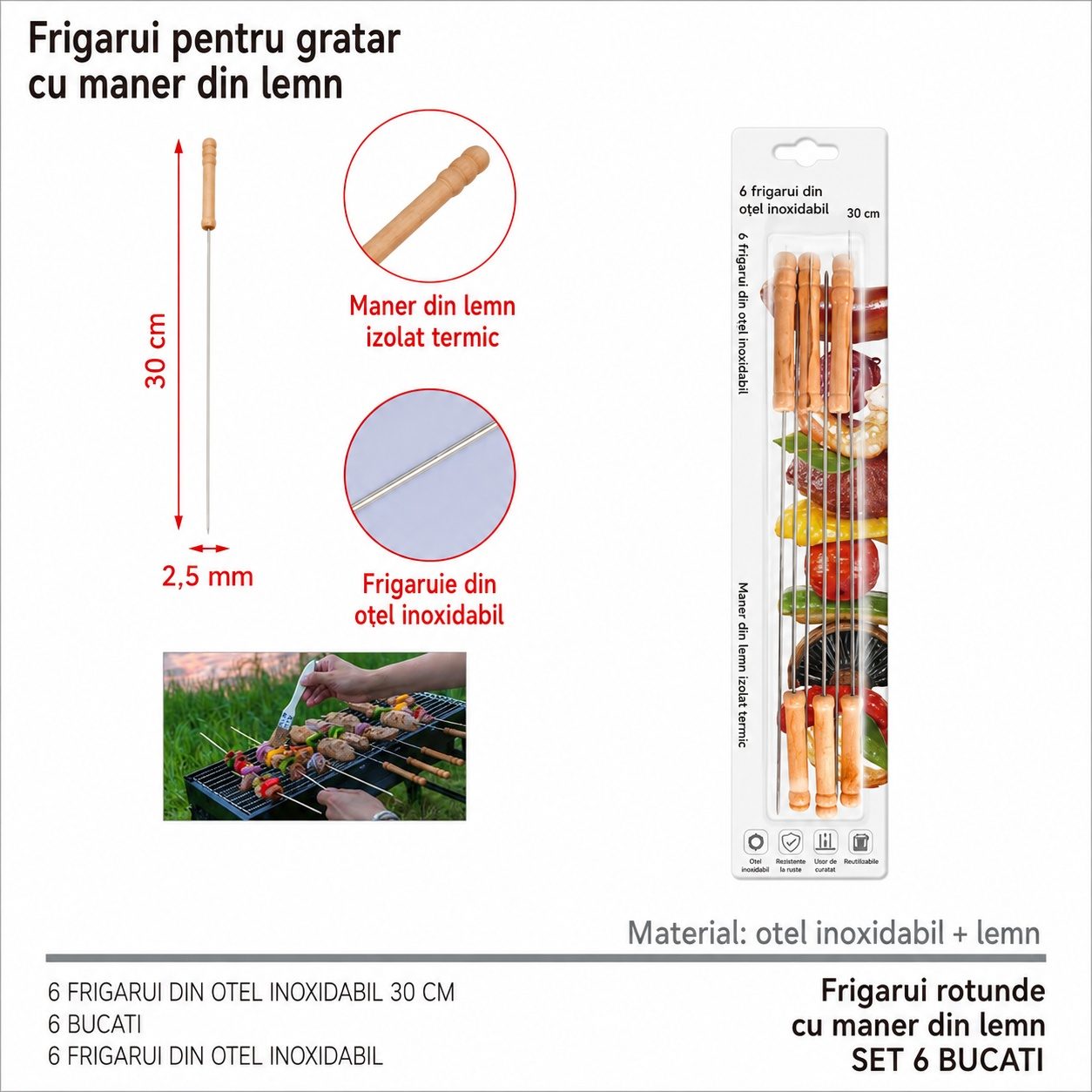 Tepuse pentru frigarui, Flippy, rotunde, cu maner din lemn, din metal, Set 6 bucati, pentru gratar si BBQ, 30 cm