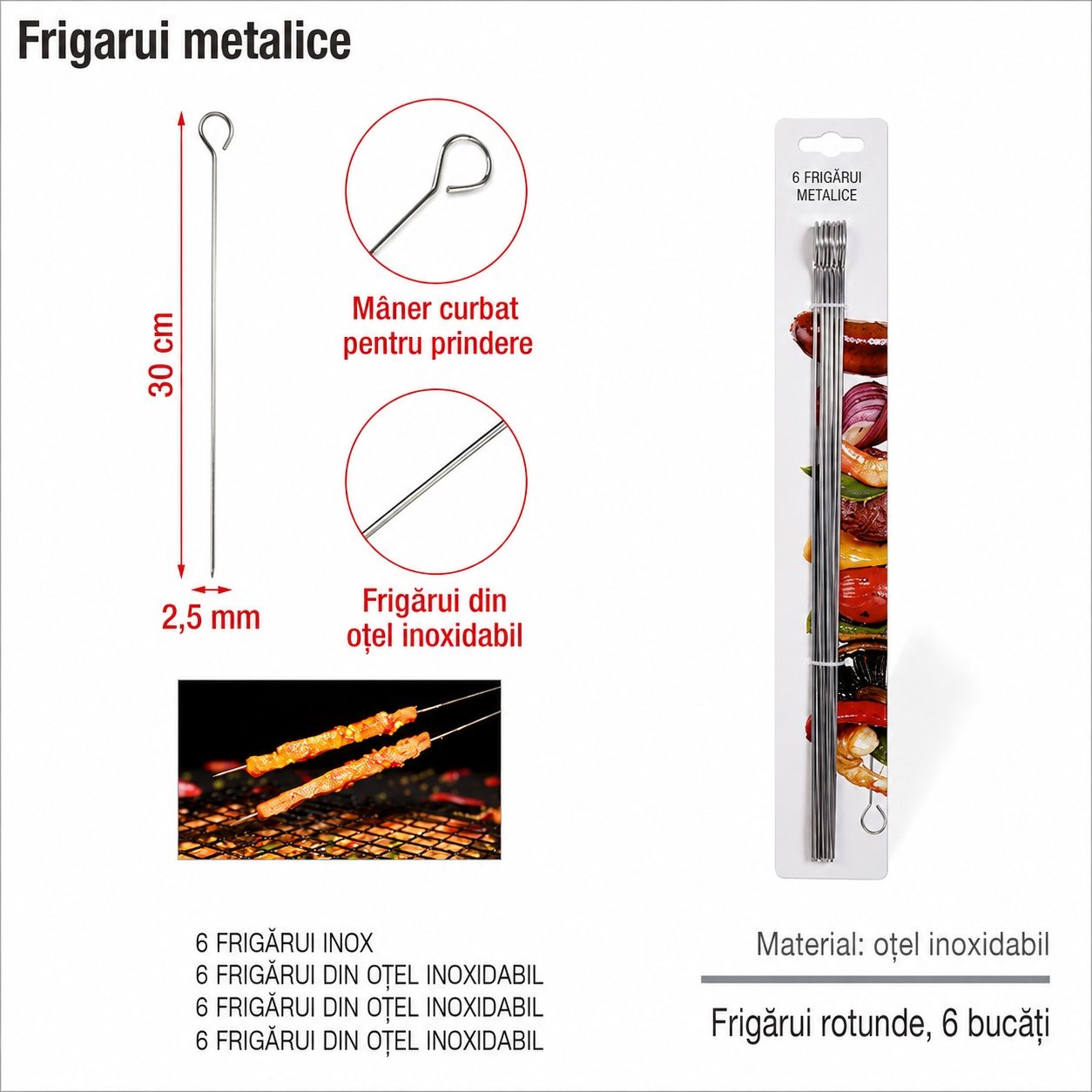 Set 6 Tepuse pentru Frigarui, , Rotunde, din Metal, pentru Gratar si BBQ, 30 cm, Argintiu 2