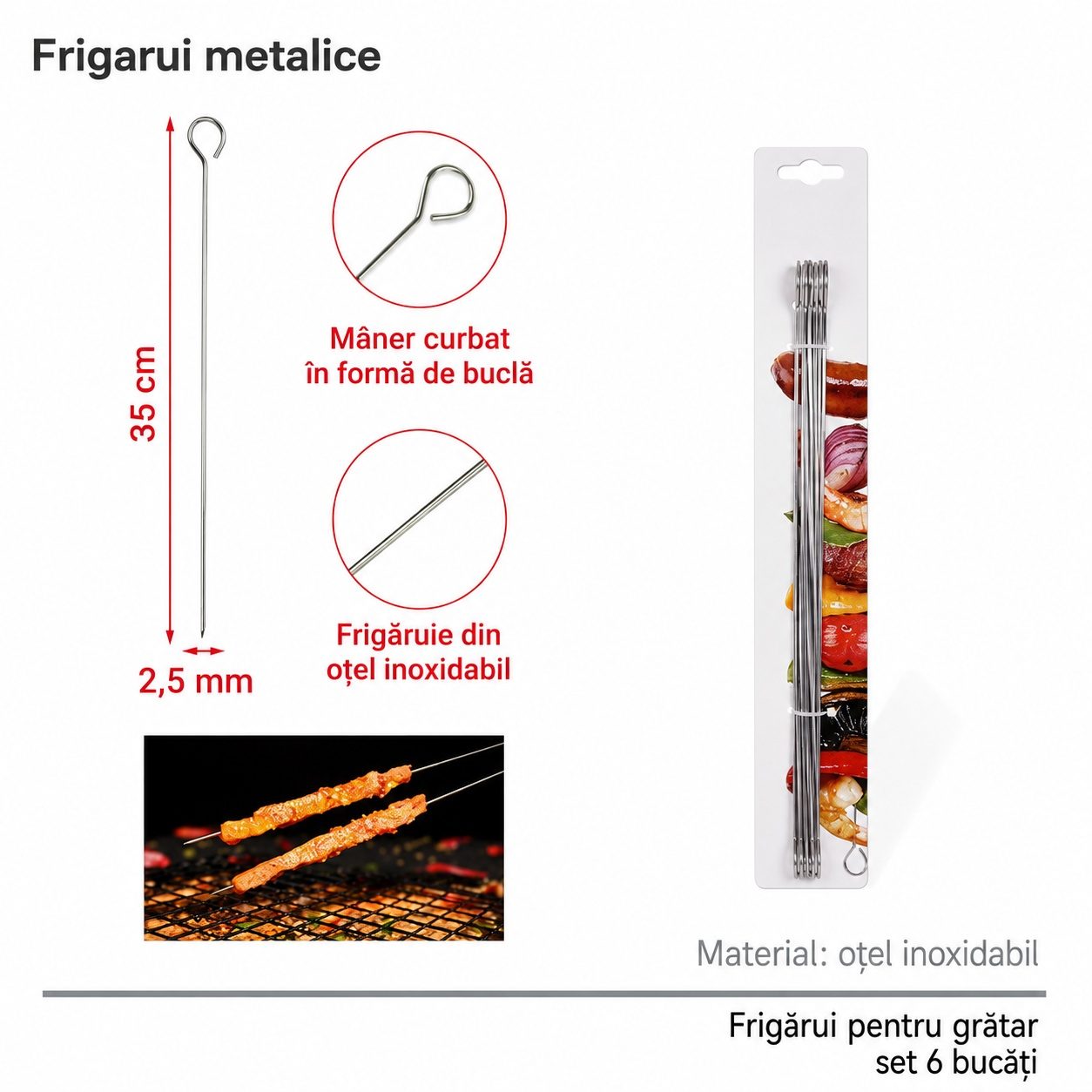 Set 6 Tepuse pentru Frigarui, , Rotunde, din Metal, pentru Gratar si BBQ, 35 cm, Argintiu 2