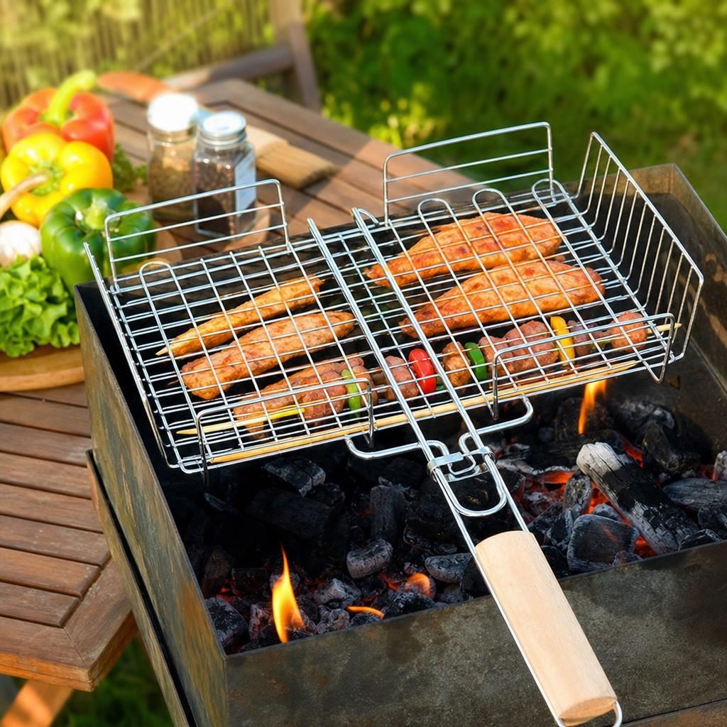 Gratar metalic BBQ, Flippy, din metal, pentru gatit in aer liber, Argintiu
