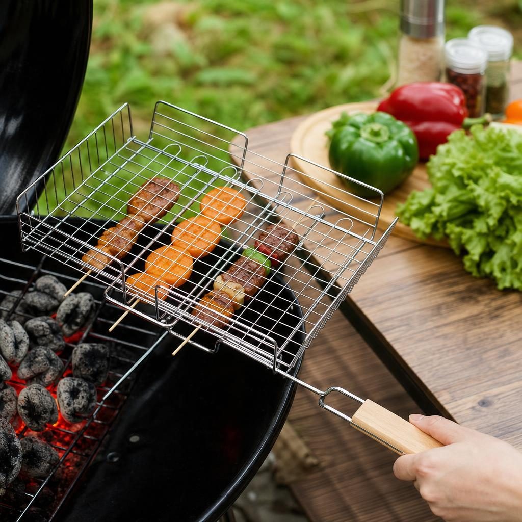 Gratar metalic BBQ, Flippy, din metal, pentru gatit in aer liber, Argintiu