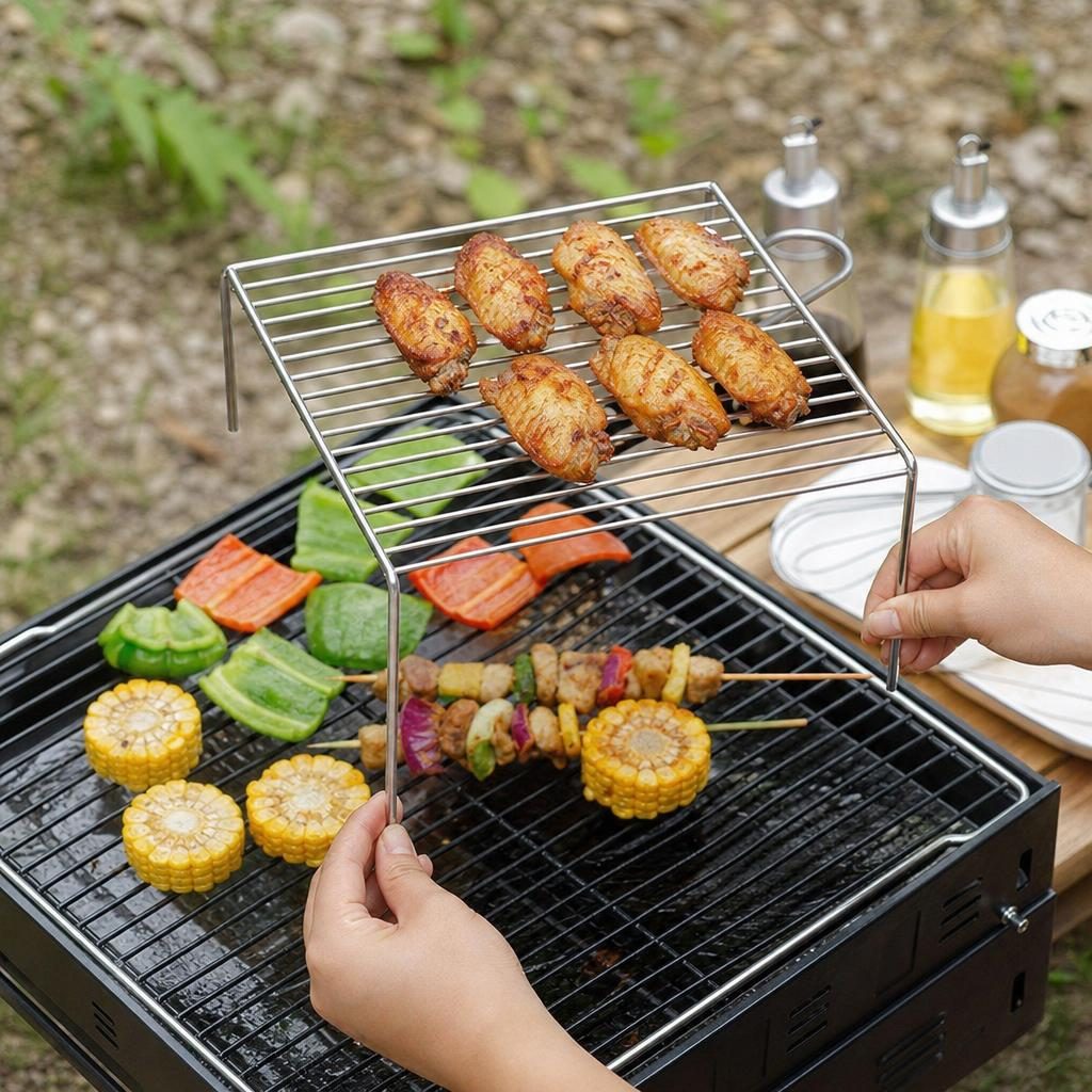 Gratar metalic BBQ, Flippy, cu picioare, din metal, pentru gatit in aer liber, Argintiu