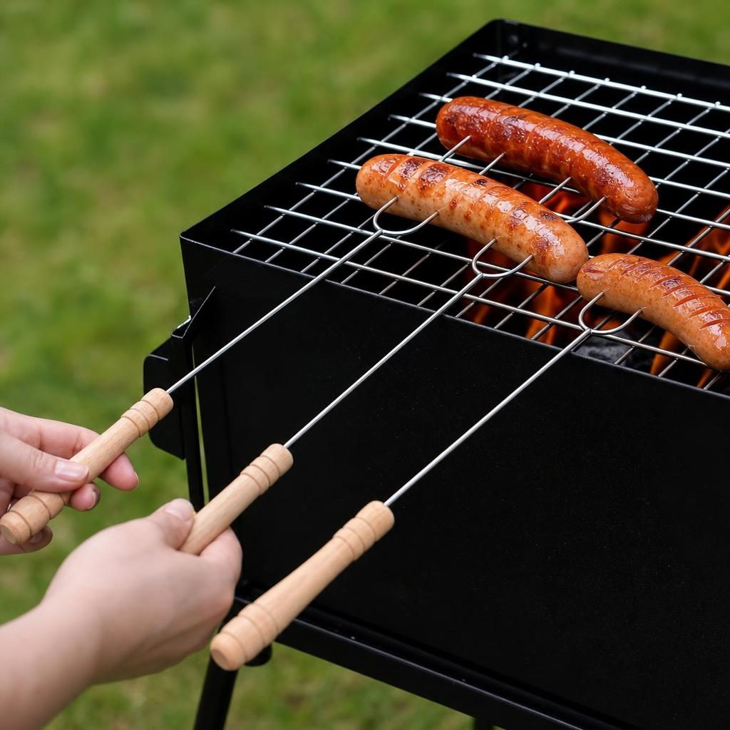 Set 3 Tepuse pentru Frigarui, , pentru Hot Dog, cu Maner din Lemn, pentru Gratar si BBQ, 40 cm, Argintiu 3