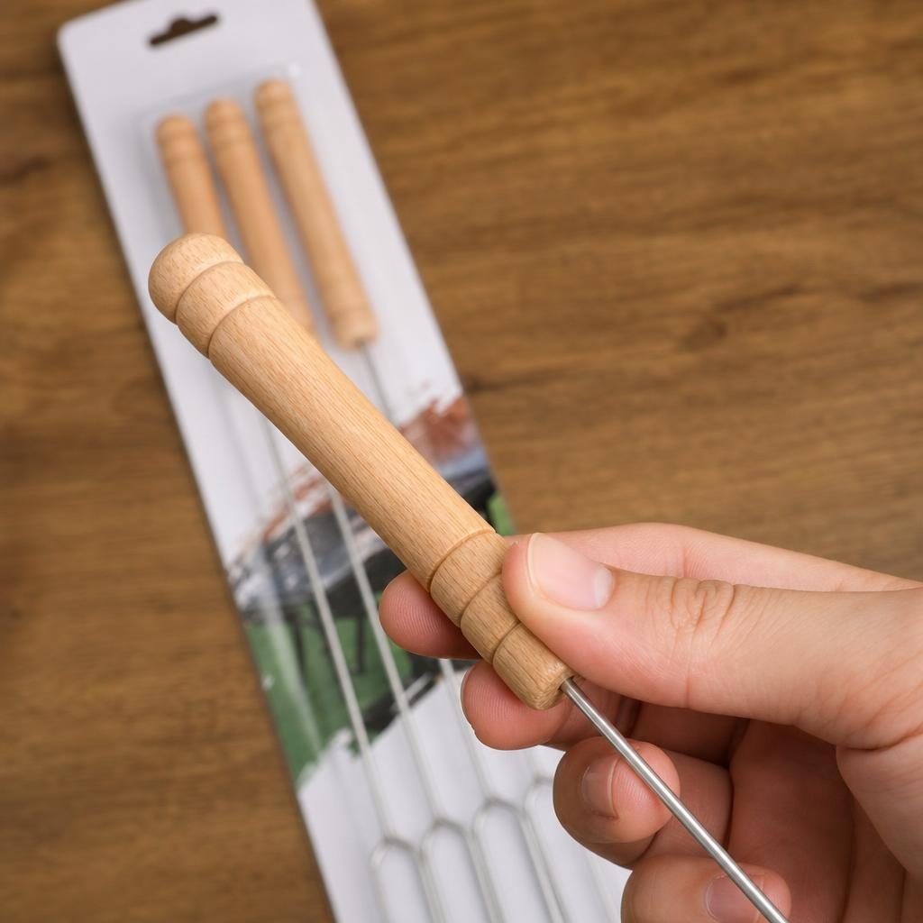 Set 3 Tepuse pentru Frigarui, , pentru Hot Dog, cu Maner din Lemn, pentru Gratar si BBQ, 40 cm, Argintiu 4