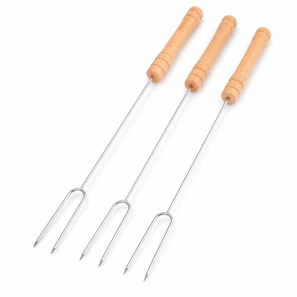 Set 3 Tepuse pentru Frigarui, , pentru Hot Dog, cu Maner din Lemn, pentru Gratar si BBQ, 40 cm, Argintiu
