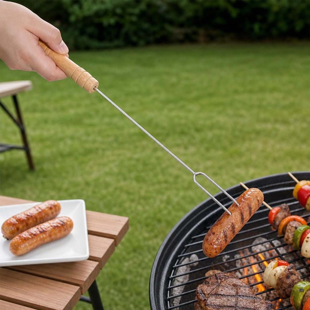 Set 3 Tepuse pentru Frigarui, , pentru Hot Dog, cu Maner din Lemn, pentru Gratar si BBQ, 40 cm, Argintiu 5