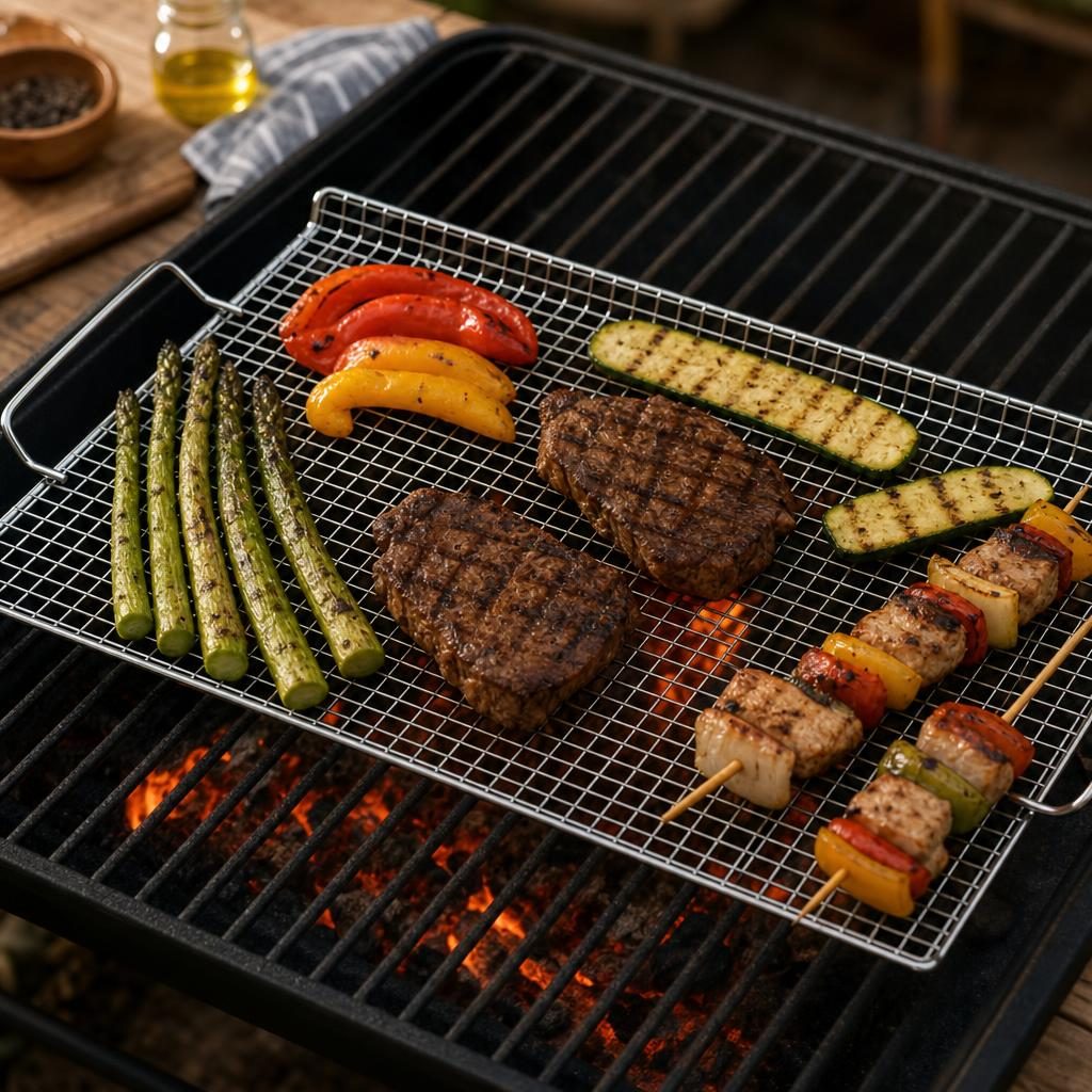 Gratar metalic BBQ, Flippy, din metal, pentru gatit in aer liber, 26x38.5 cm, Argintiu