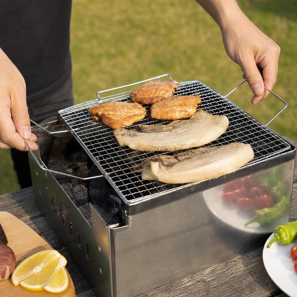 Gratar metalic BBQ, , din metal, pentru gatit in aer liber, 26x38.5 cm, Argintiu 5
