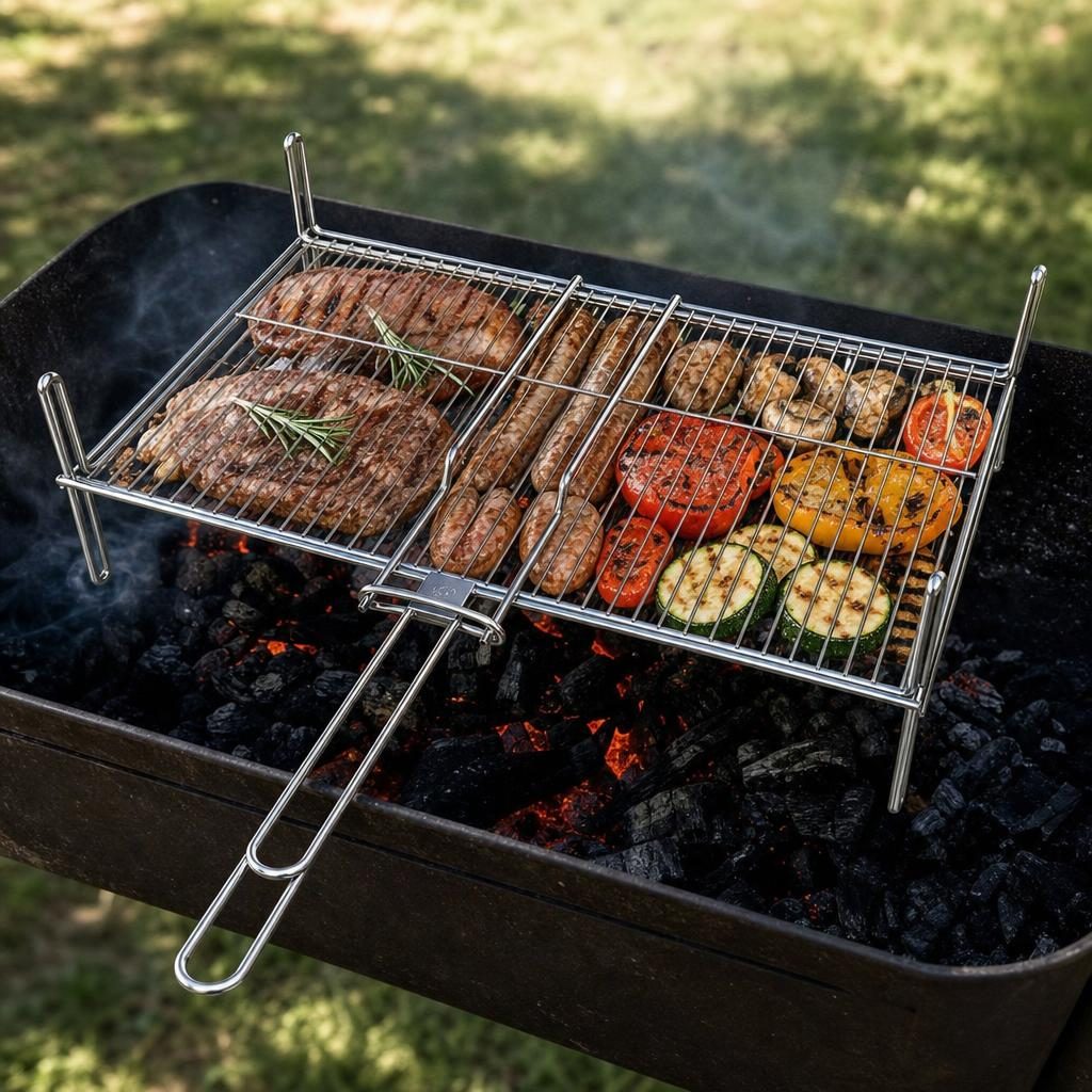 Gratar metalic BBQ, Flippy, din metal, pentru gatit in aer liber, Argintiu