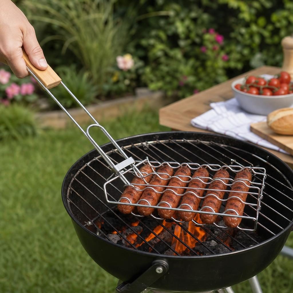 Grilaj pentru hot dog, Flippy, cu maner, din metal, pentru gratar si BBQ, 9x48 cm, Argintiu