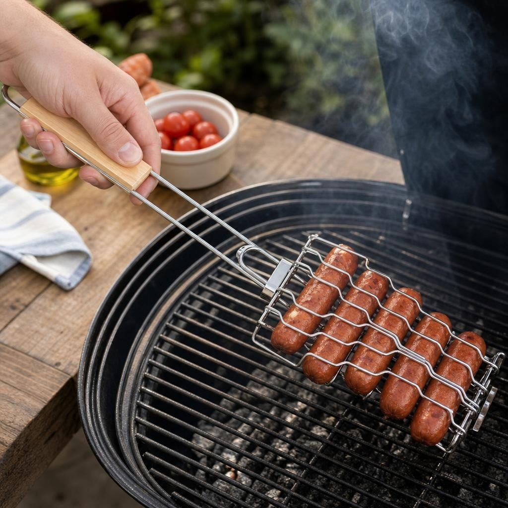 Grilaj pentru hot dog, Flippy, cu maner, din metal, pentru gratar si BBQ, 9x48 cm, Argintiu