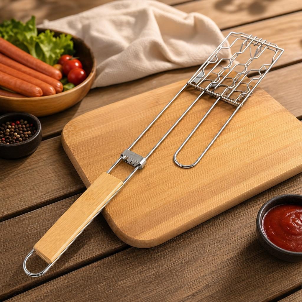 Grilaj pentru hot dog, Flippy, cu maner, din metal, pentru gratar si BBQ, 9x48 cm, Argintiu