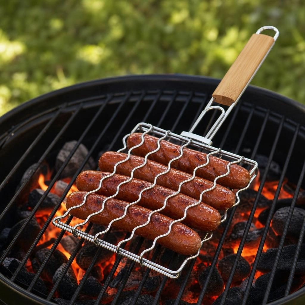 Grilaj pentru hot dog, Flippy, cu maner, din metal, pentru gratar si BBQ, 8x54 cm, Argintiu