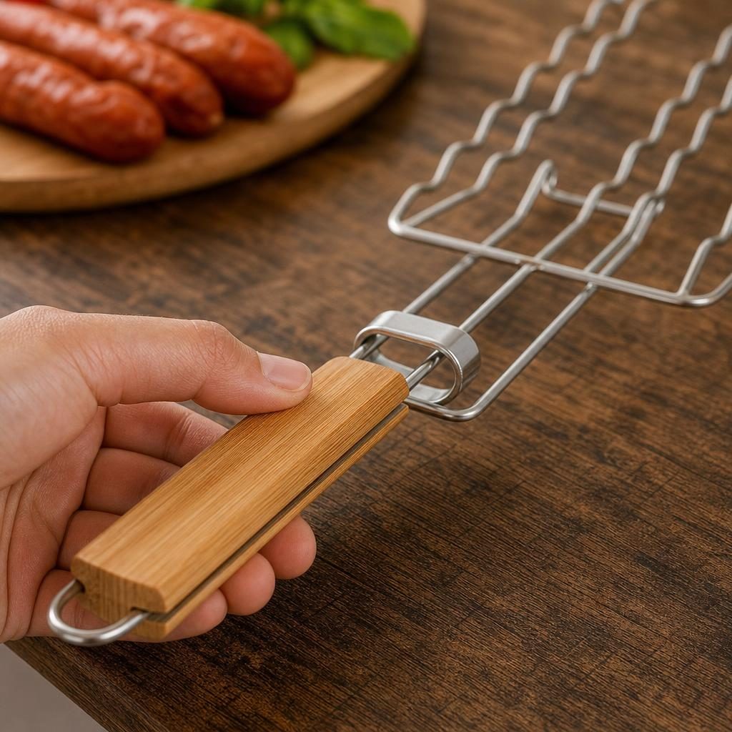 Grilaj pentru hot dog, Flippy, cu maner, din metal, pentru gratar si BBQ, 8x54 cm, Argintiu