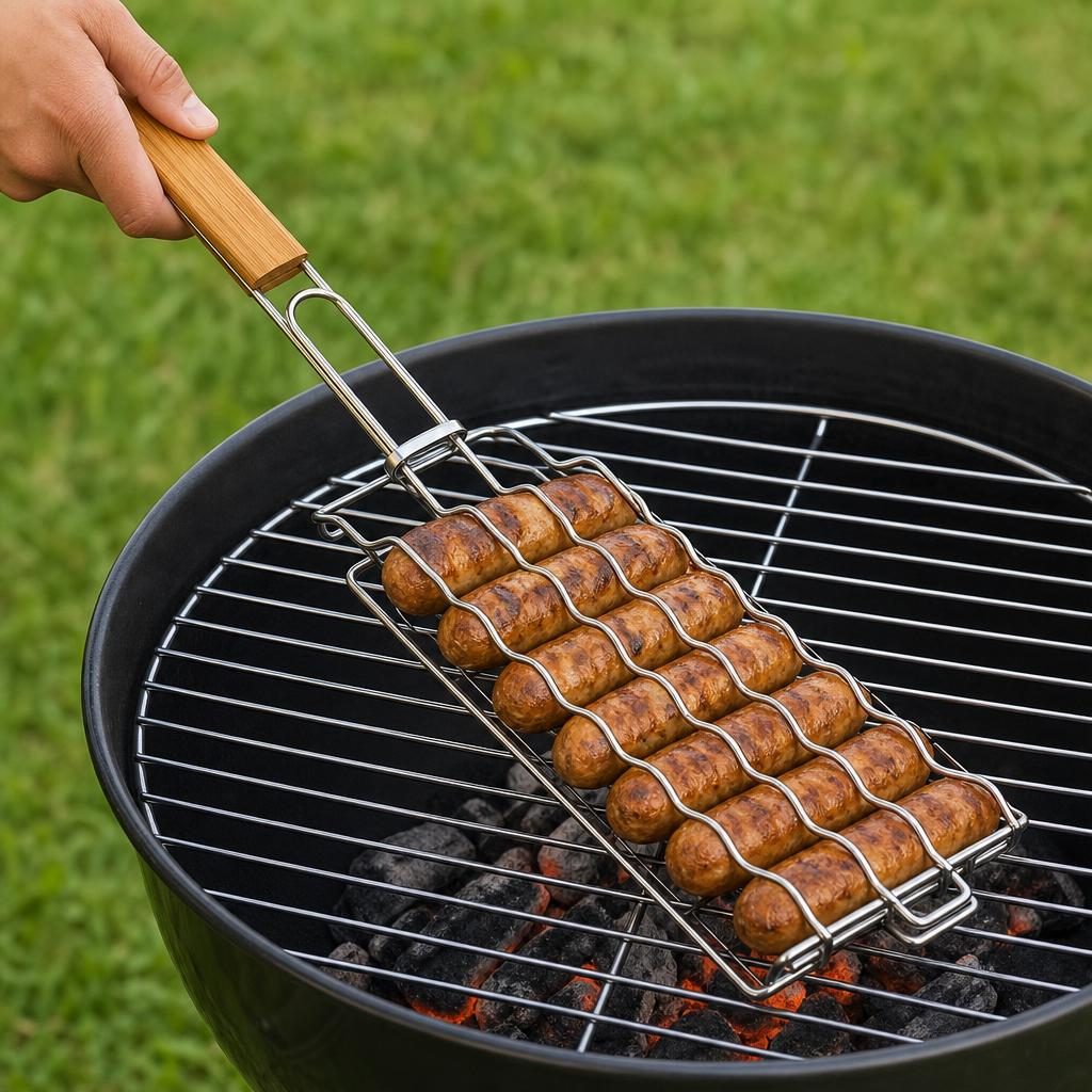 Grilaj pentru hot dog, Flippy, cu maner, din metal, pentru gratar si BBQ, 8x54 cm, Argintiu
