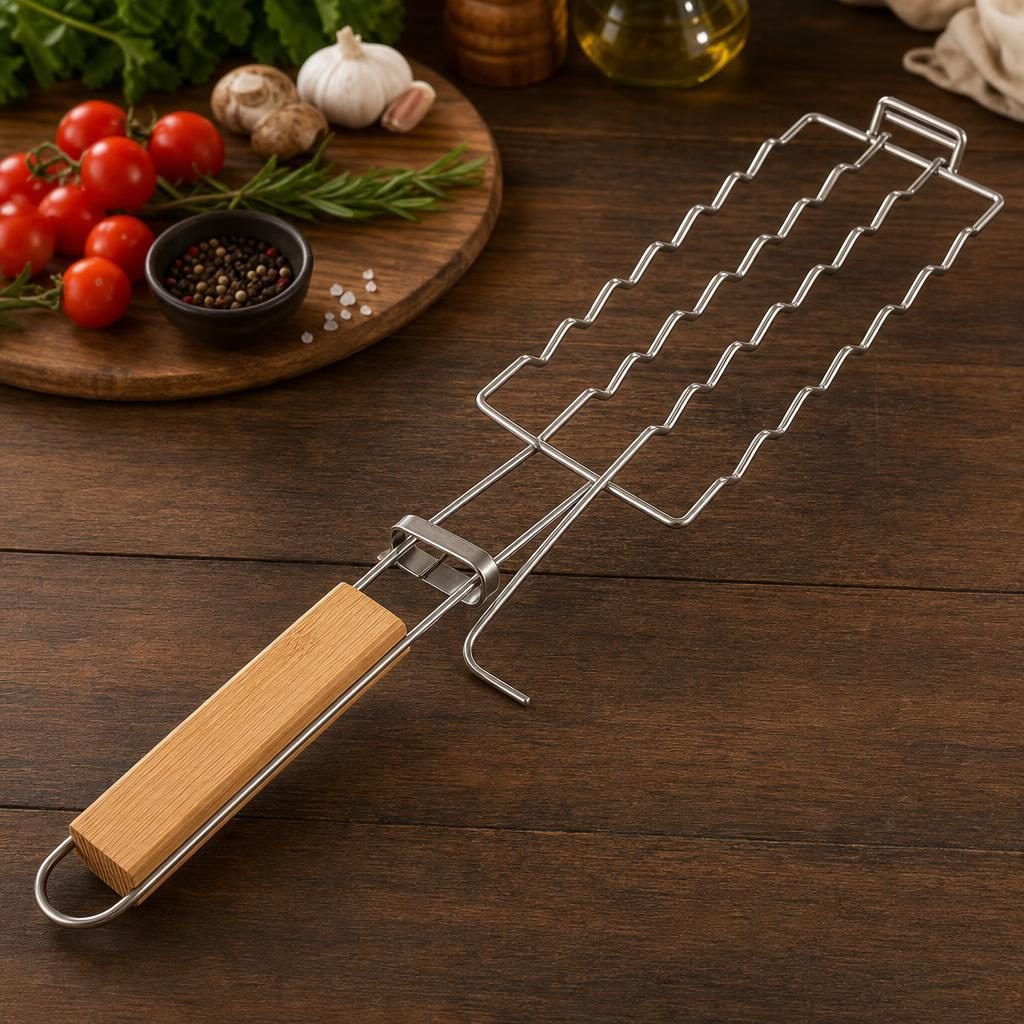 Grilaj pentru hot dog, Flippy, cu maner, din metal, pentru gratar si BBQ, 8x54 cm, Argintiu