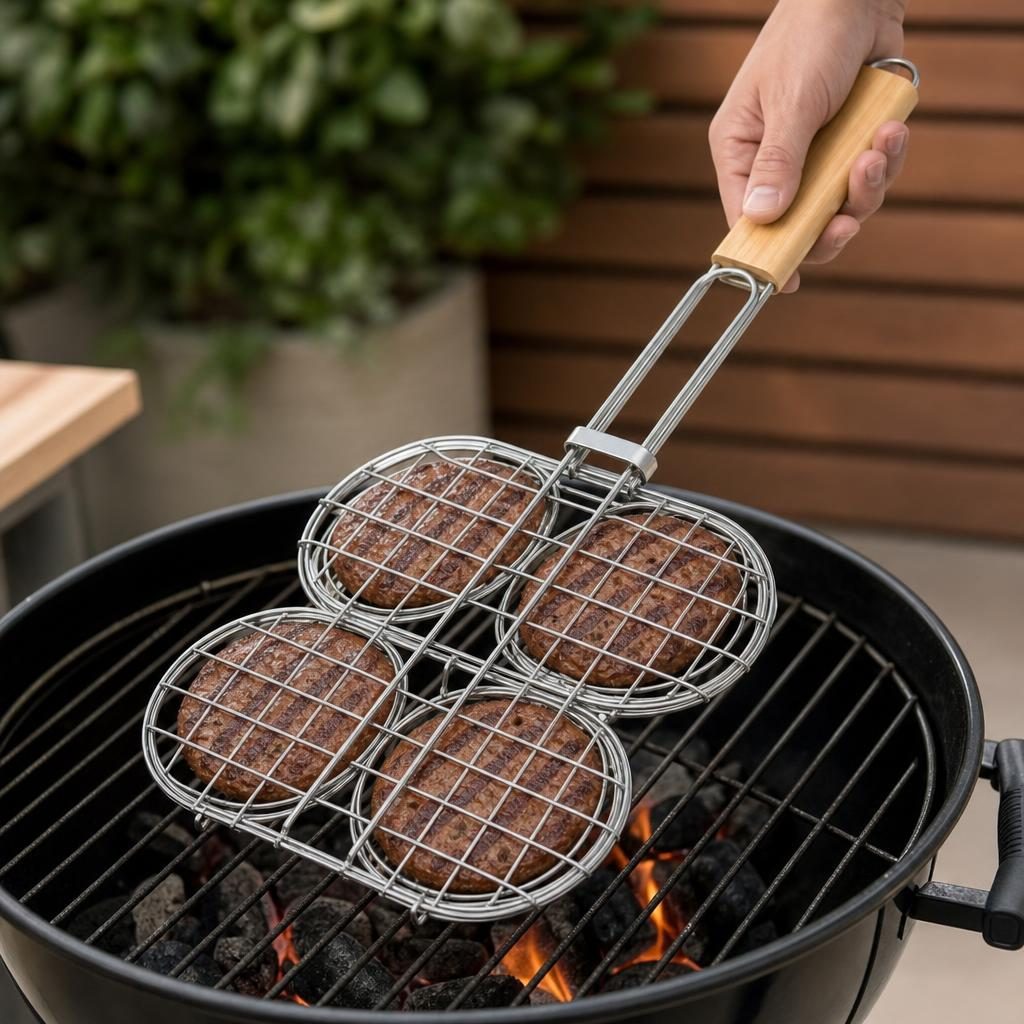 Suport pentru hamburgeri la gratar, Flippy, din metal, pentru BBQ, 41x22.5 cm