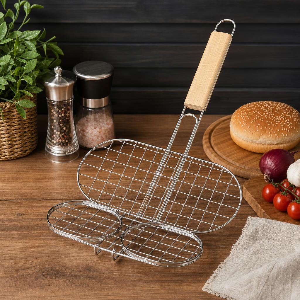 Suport pentru hamburgeri la gratar, Flippy, din metal, pentru BBQ, 41x22.5 cm
