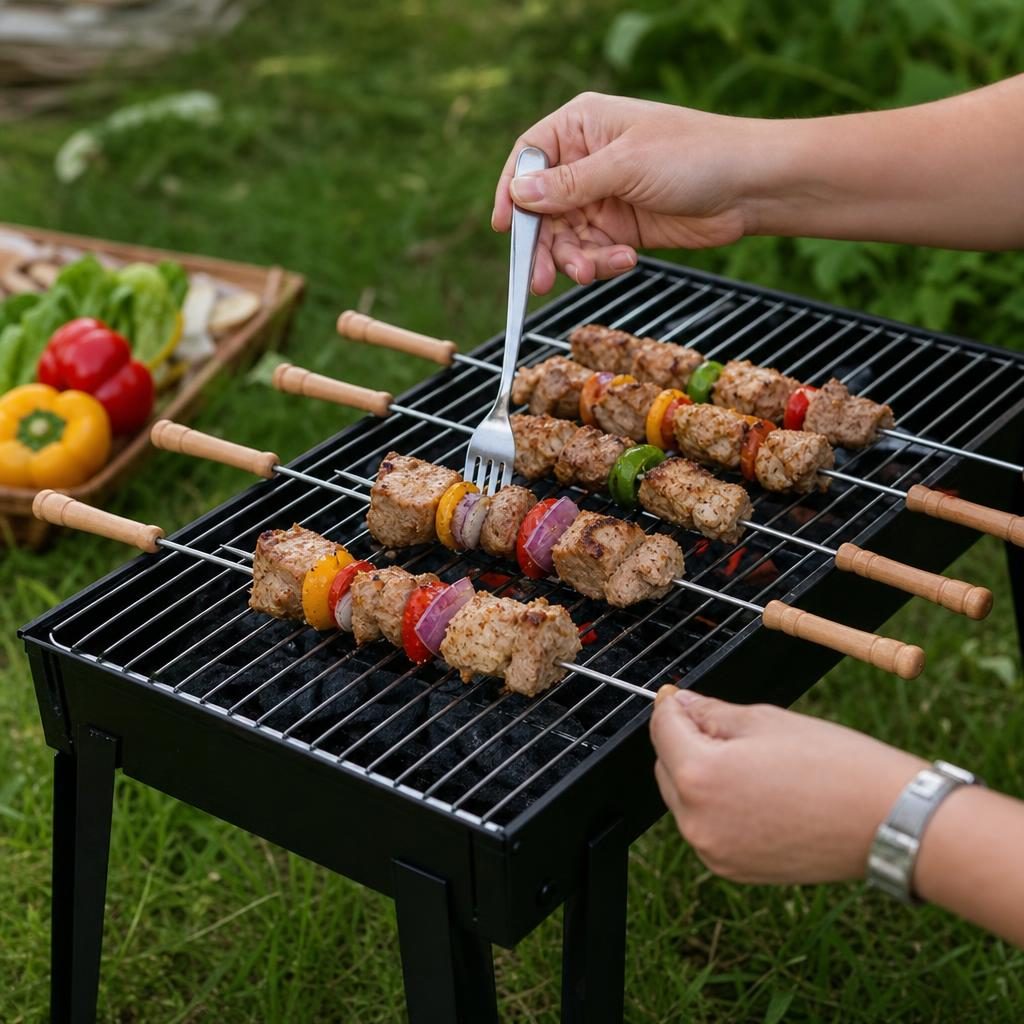 Set 6 Tepuse pentru Frigarui, , Rotunde, cu Maner din Lemn, din Metal, pentru Gratar si BBQ, 30 cm, Argintiu 2