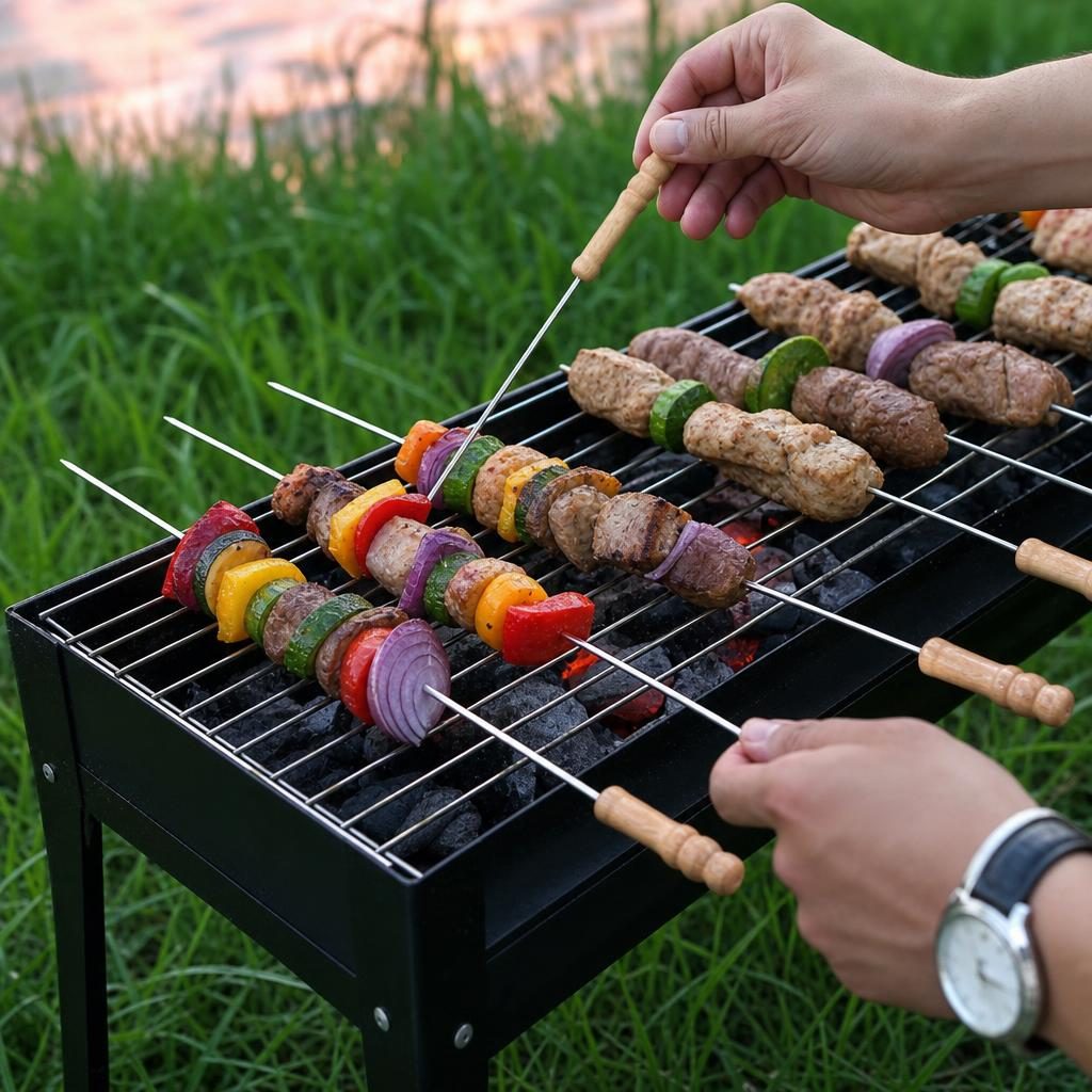 Tepuse pentru frigarui, Flippy, rotunde, cu maner din lemn, din metal, Set 6 bucati, pentru gratar si BBQ, 30 cm