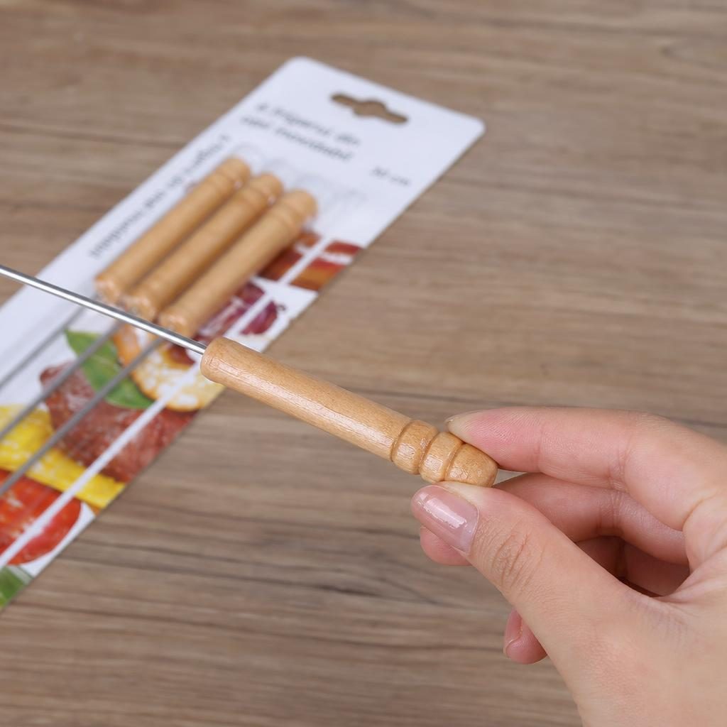 Set 6 Tepuse pentru Frigarui, , Rotunde, cu Maner din Lemn, din Metal, pentru Gratar si BBQ, 30 cm, Argintiu 4